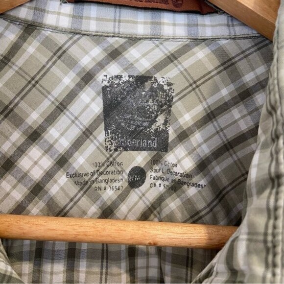 Timberland 100% cotton plaid button down shirt beige brown short sleeve medium - Picture 5 of 6